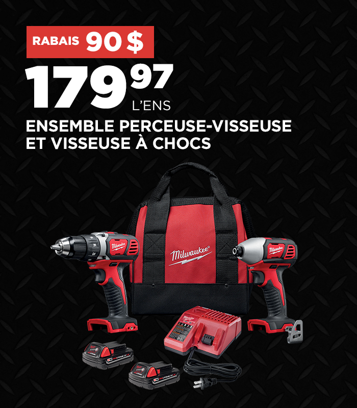 90$ de rabais sur un ensemble de perceuse/visseuse et visseuse à choc Milwaukee