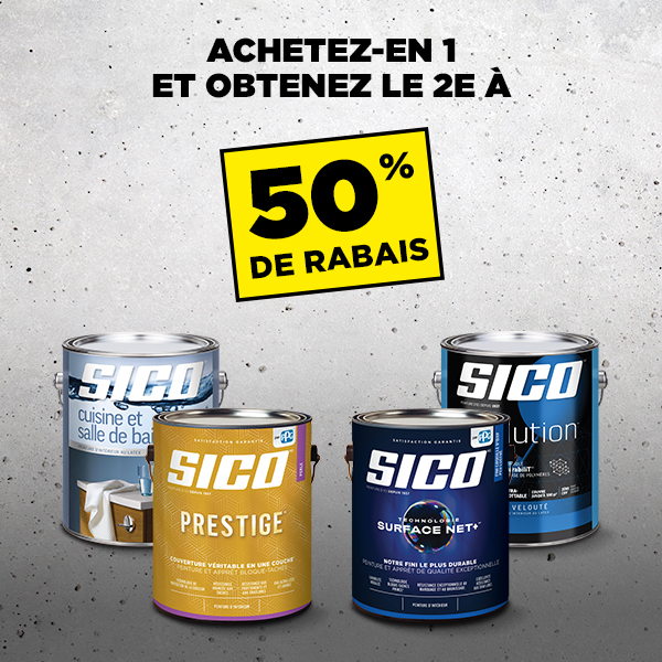 Rabais du Vendredi Fou chez Potvin & Bouchard - Achetez un contenant 3,78 L de peinture Sico sélectionnée et obtenez le 2e à 50% de rabais.